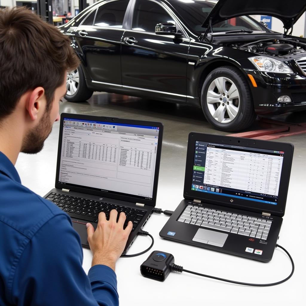 Mechanic Using VCDS HEX-V2 to Diagnose a Car