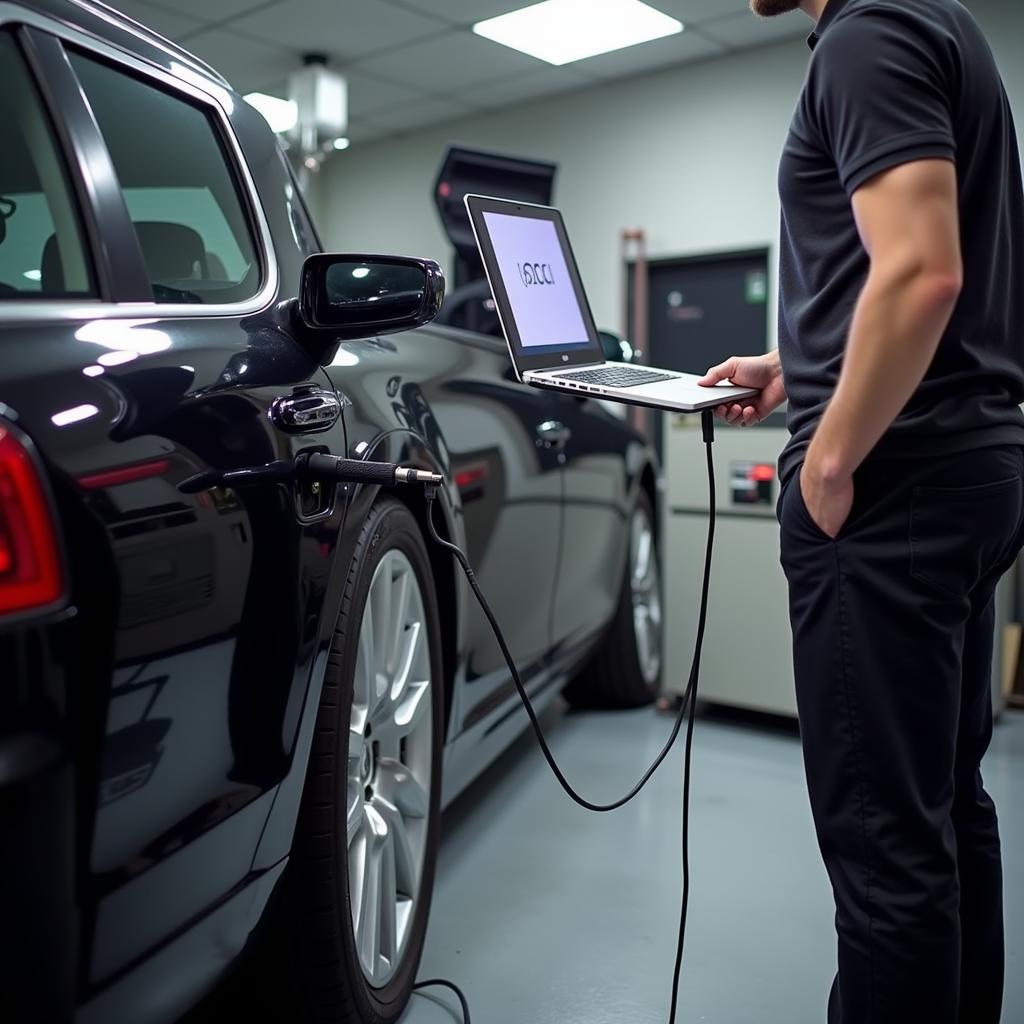 Mechanic Using VCDS HEX V2 Cable to Diagnose a Car