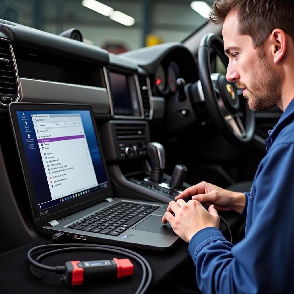 Mechanic Using VCDS to Diagnose a Porsche Cayenne