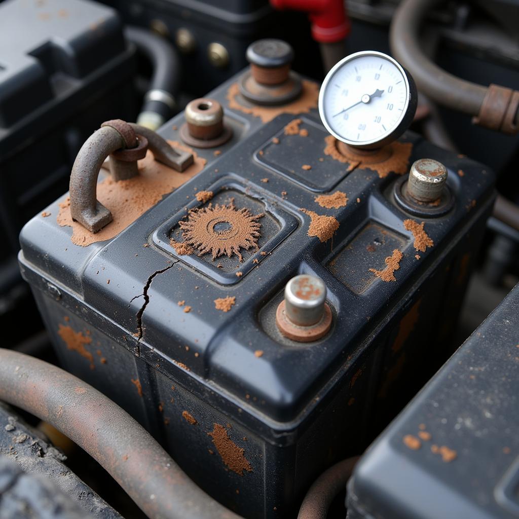 Overcharged Car Battery Showing Corrosion and Damage