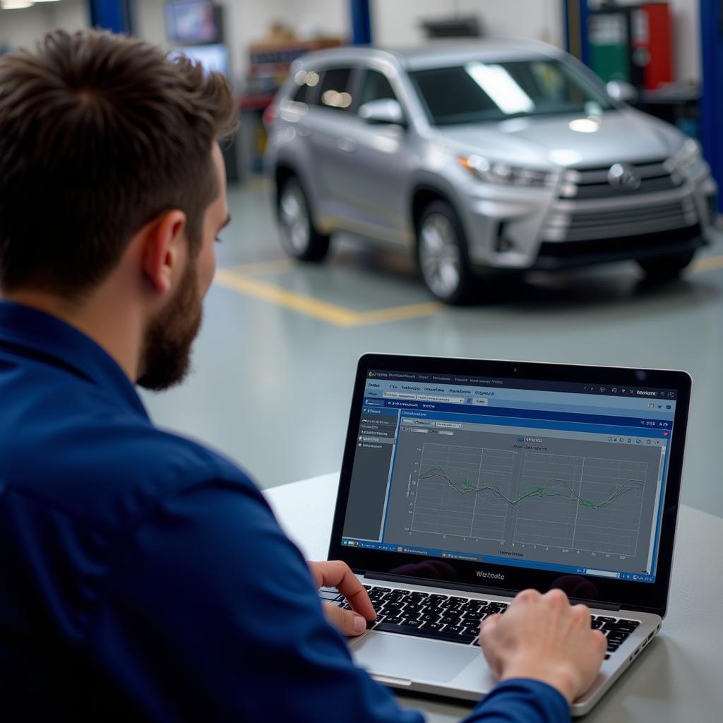 Mechanic performing remote car diagnostics