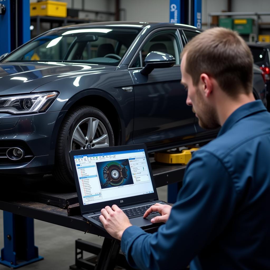 Mechanic Using Remote Diagnostic Software for Brake Check