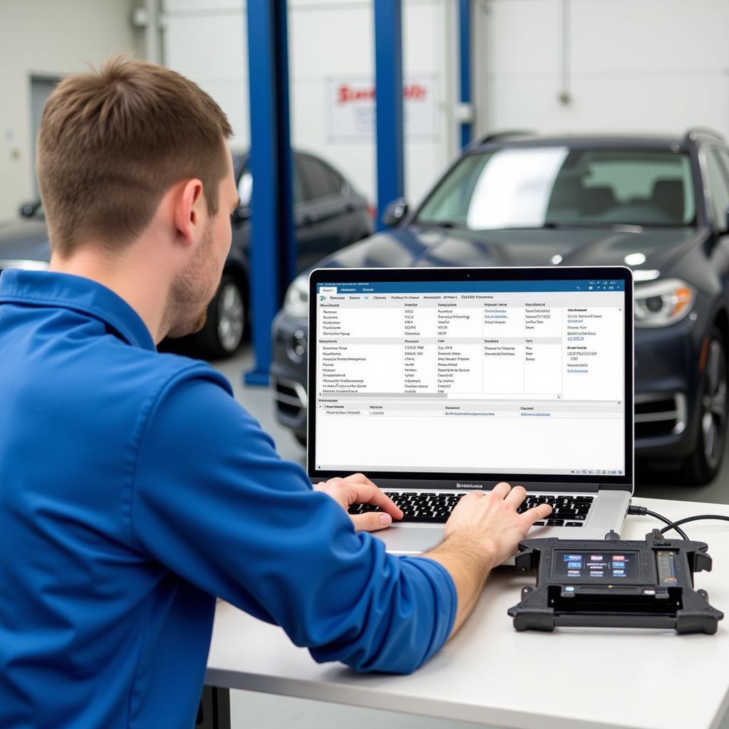 Remote FRM Programming and Diagnostics - Illustration of a technician remotely diagnosing and programming a BMW FRM module using specialized software.