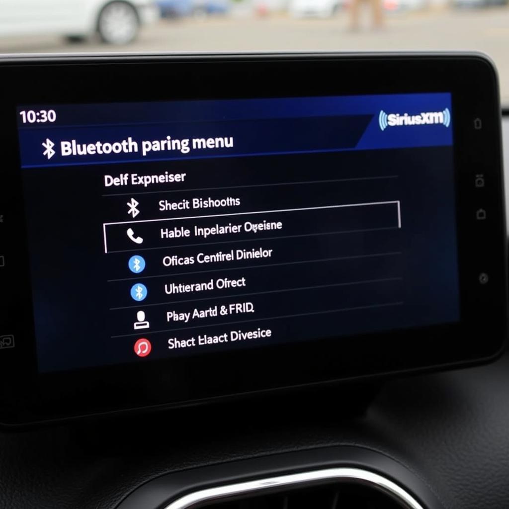 SiriusXM radio Bluetooth pairing menu on the car's infotainment system.