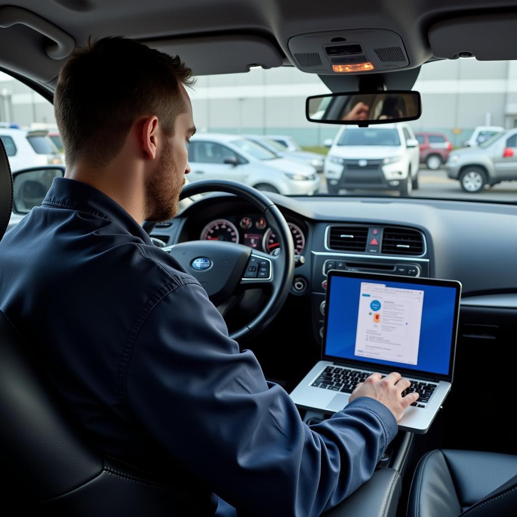 Technician diagnosing car using diagnostic computer