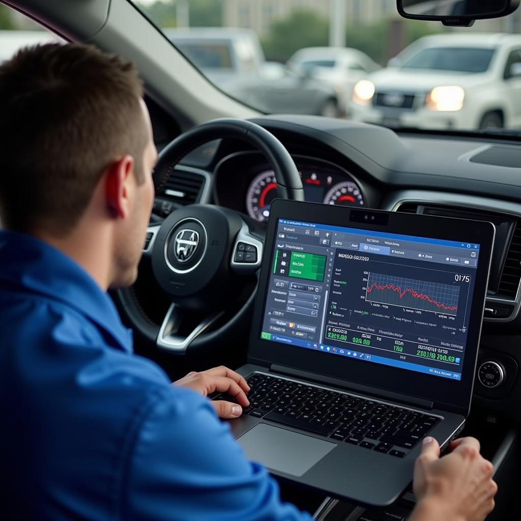 Technician Performing Remote Car Diagnostics