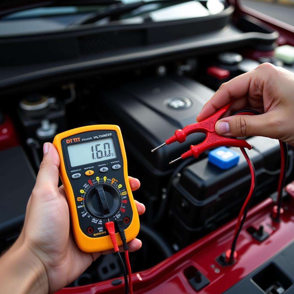 Using a multimeter to test car battery voltage