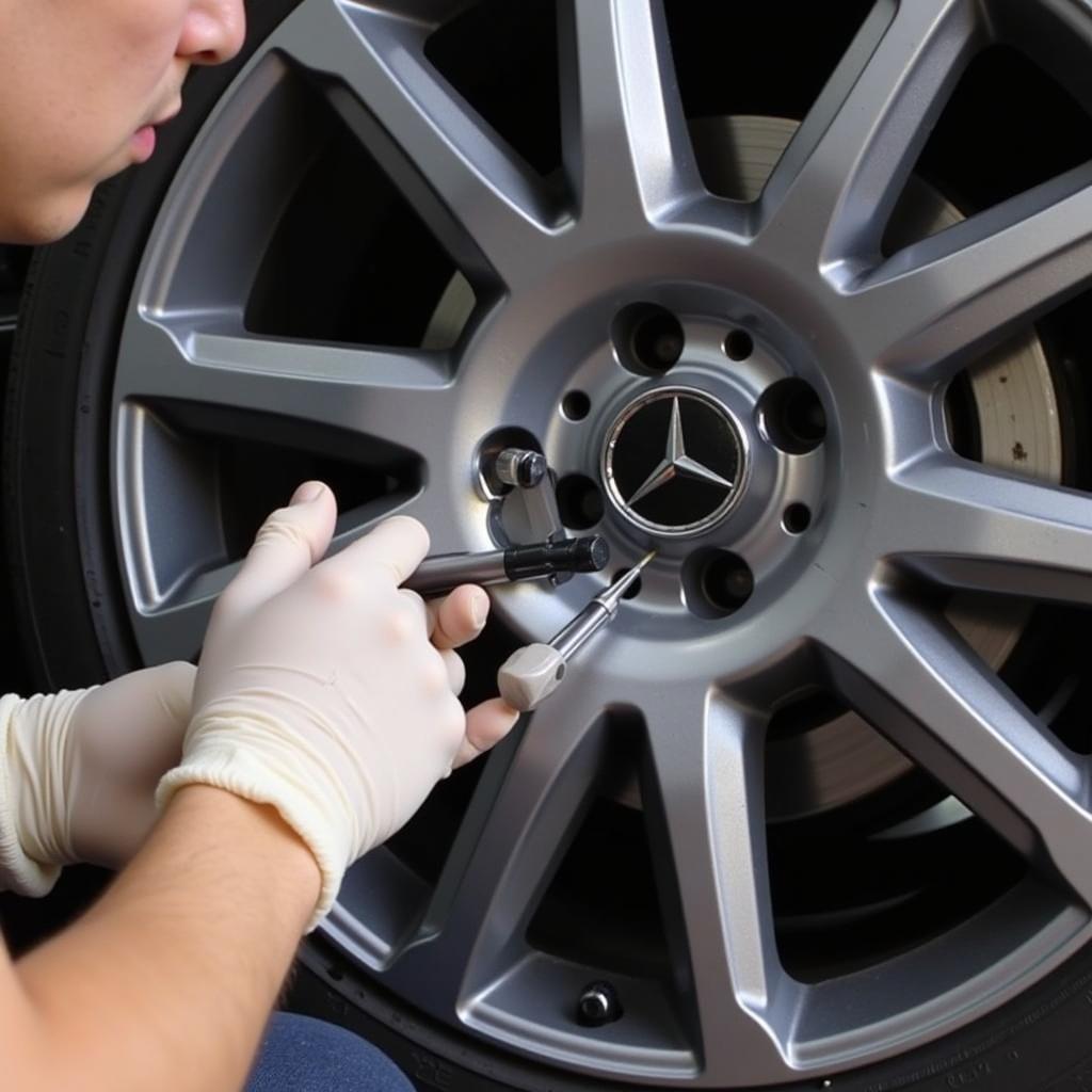 Applying a Rim Repair Kit to a Mercedes Wheel