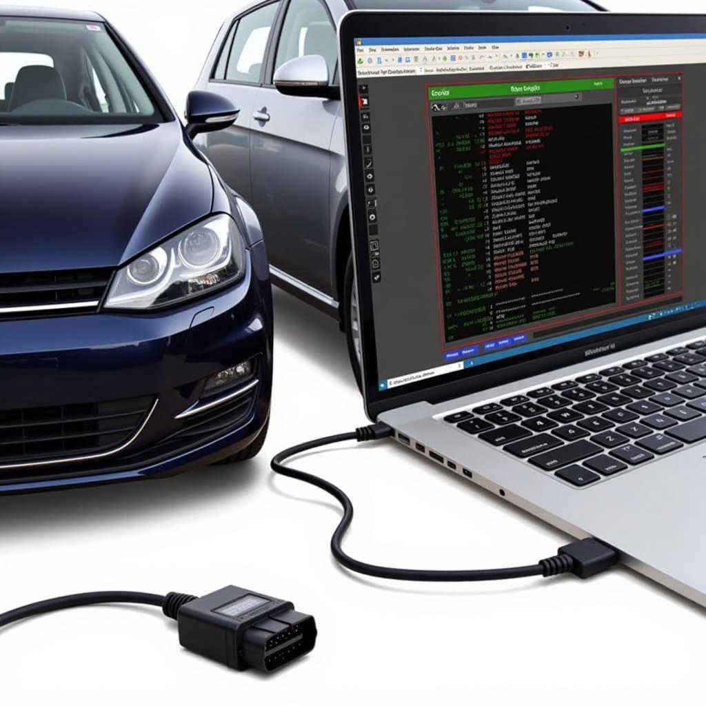 VCDS Diagnostic Cable Connected to Car OBD-II Port