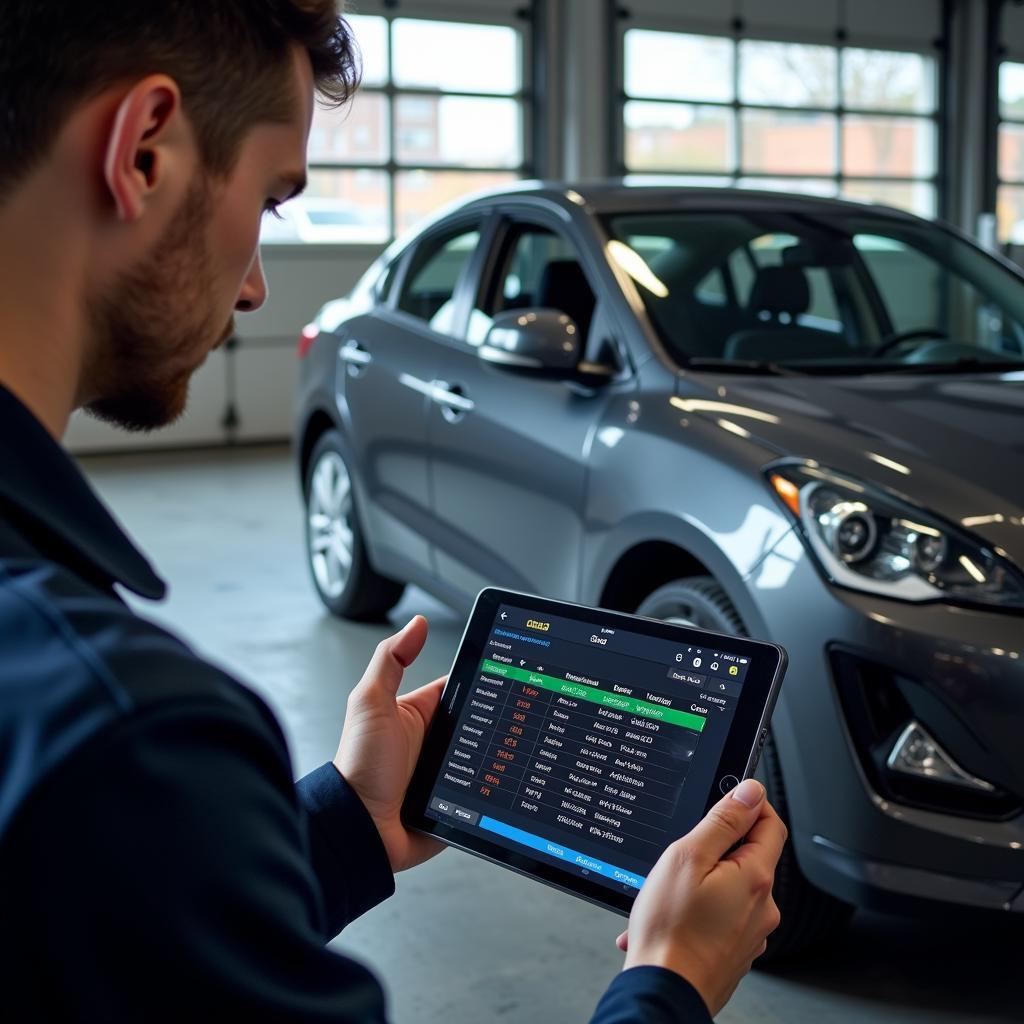 Technician using a VCDS mobile interface to diagnose a car