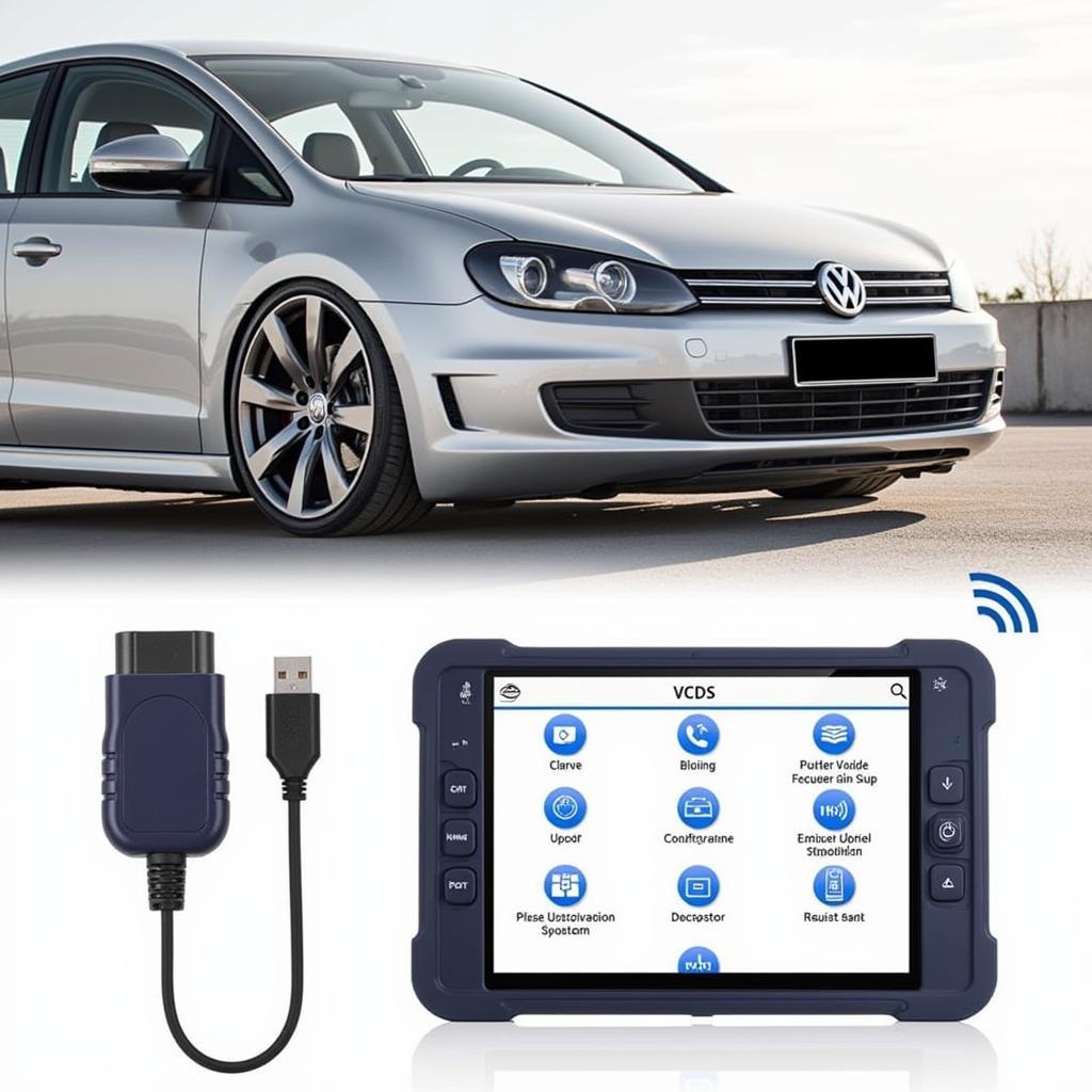 VW VCDS Android Diagnostic Interface connected to a car's OBD-II port