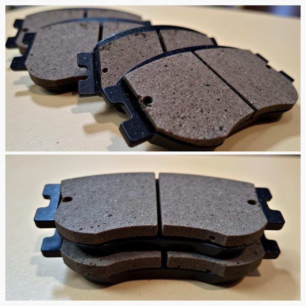 Worn brake pads compared to new brake pads