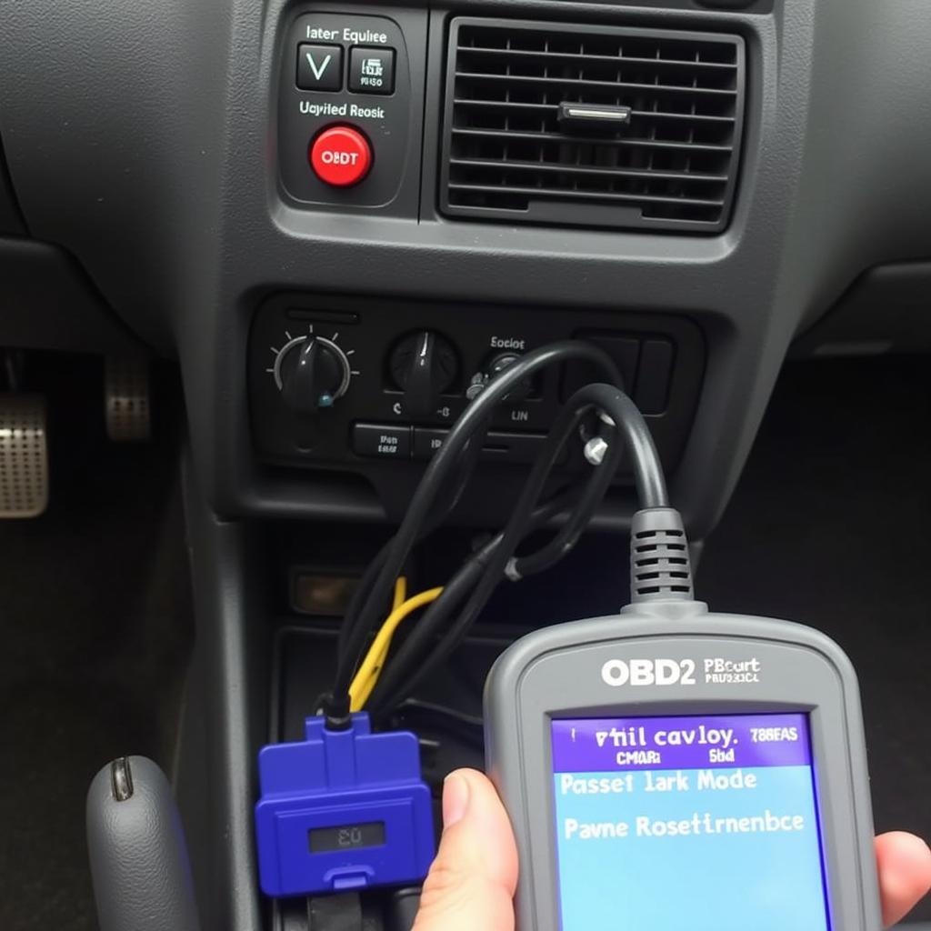 Using an OBD2 Scanner on a 2002 Chevy Cavalier - Image depicting the process of retrieving diagnostic trouble codes (DTCs) using an OBD2 scanner connected to the vehicle's diagnostic port.