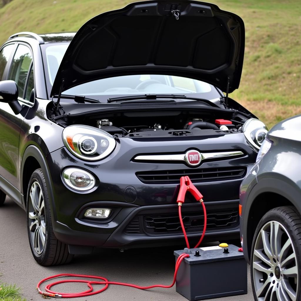 2016 Fiat 500X with a dead battery and jumper cables attached.