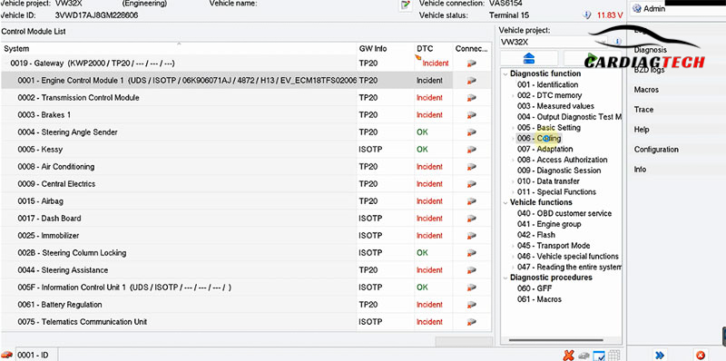 go to the Coding (06) function in ODIS E