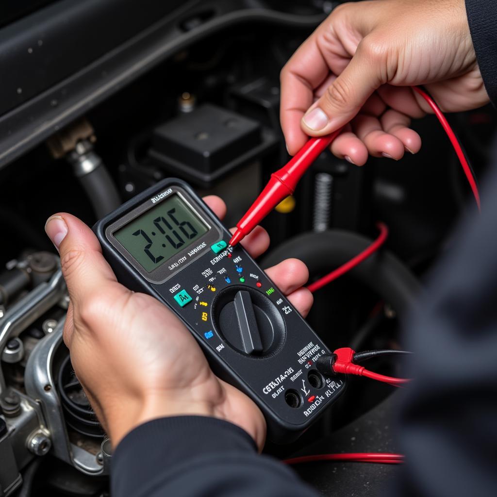 Mechanic testing car alternator with a multimeter