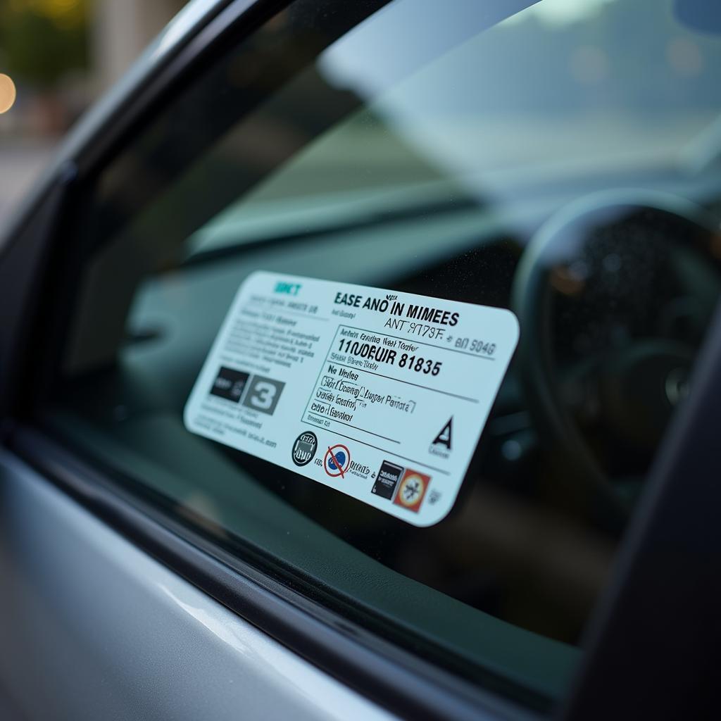 Close-up view of an anti-theft label on a car window