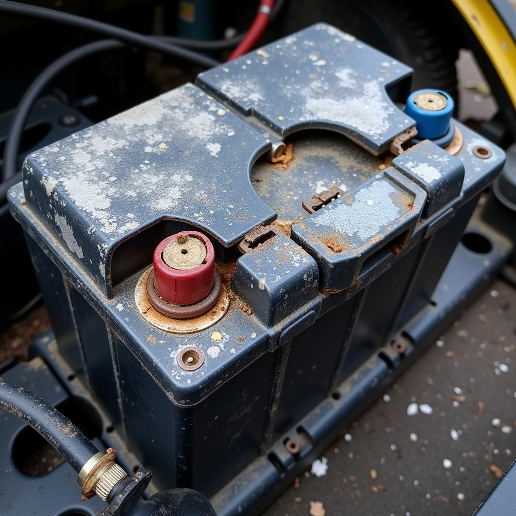 Car Battery Showing Signs of Corrosion and Damage