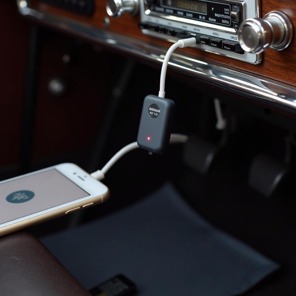 Bluetooth Adapter Connected to Vintage Car Radio