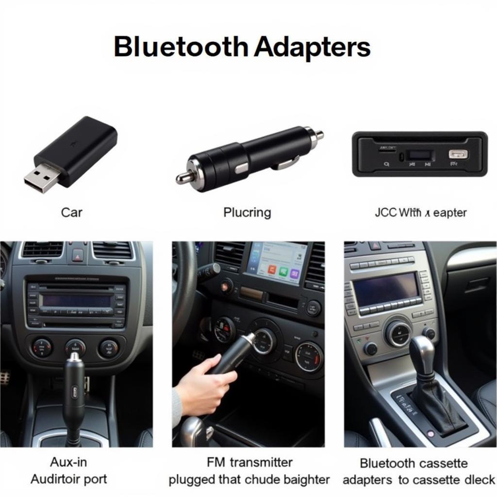 Various types of Bluetooth adapters suitable for a 2007 BMW M6 including Aux-in, FM Transmitter, and Cassette Adapter.