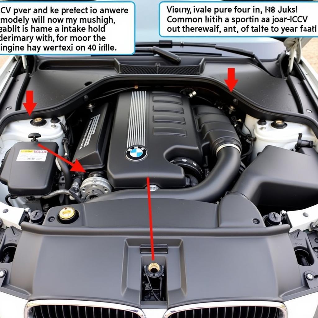 BMW 525i engine bay with highlighted areas prone to whistling sounds