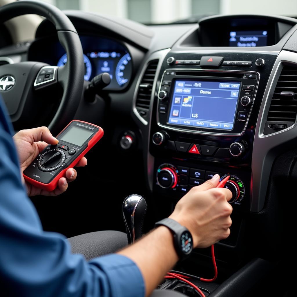 Car Audio Technician Diagnosing Bluetooth Interference