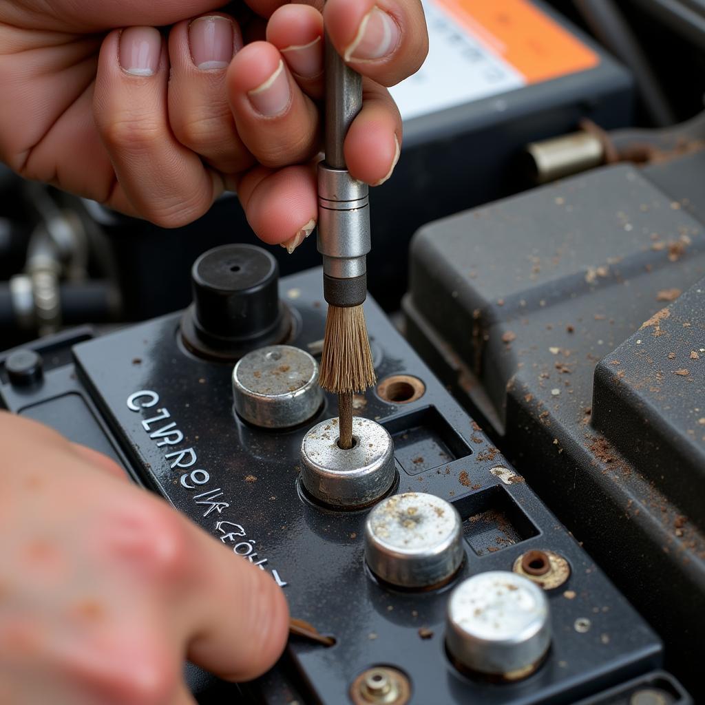 Cleaning car battery corrosion with a wire brush and baking soda solution