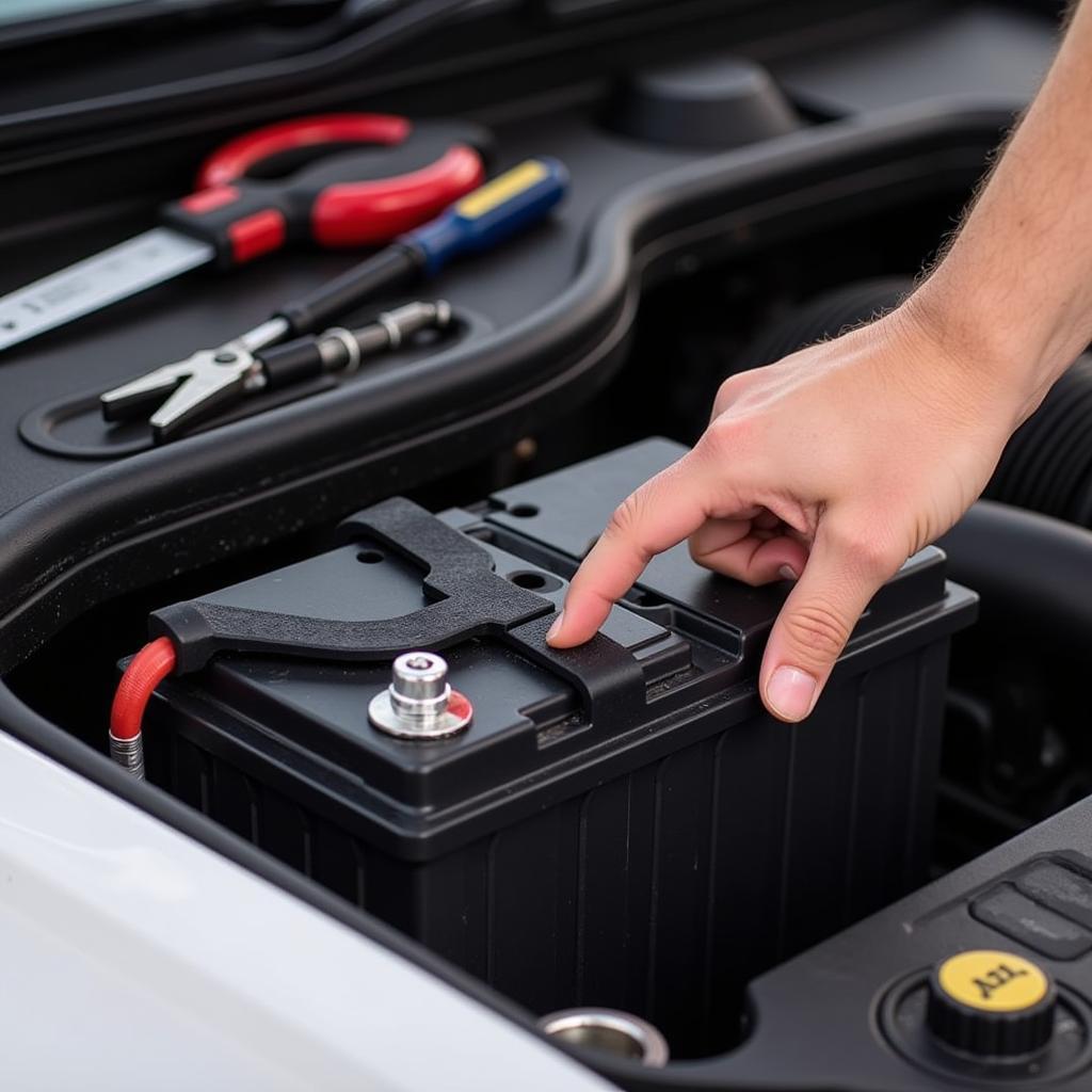 Installing a new car battery in the engine compartment