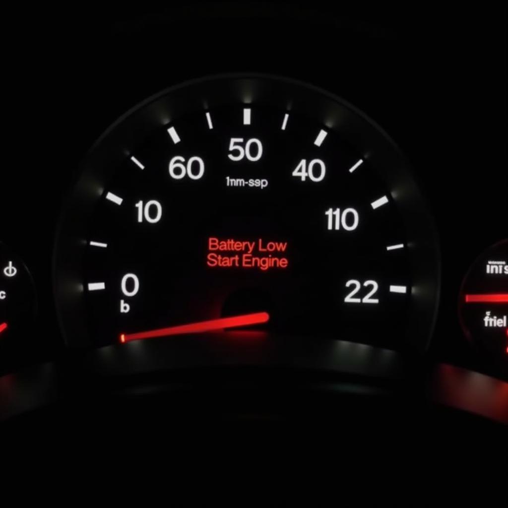 Car dashboard showing a battery low start engine warning light.