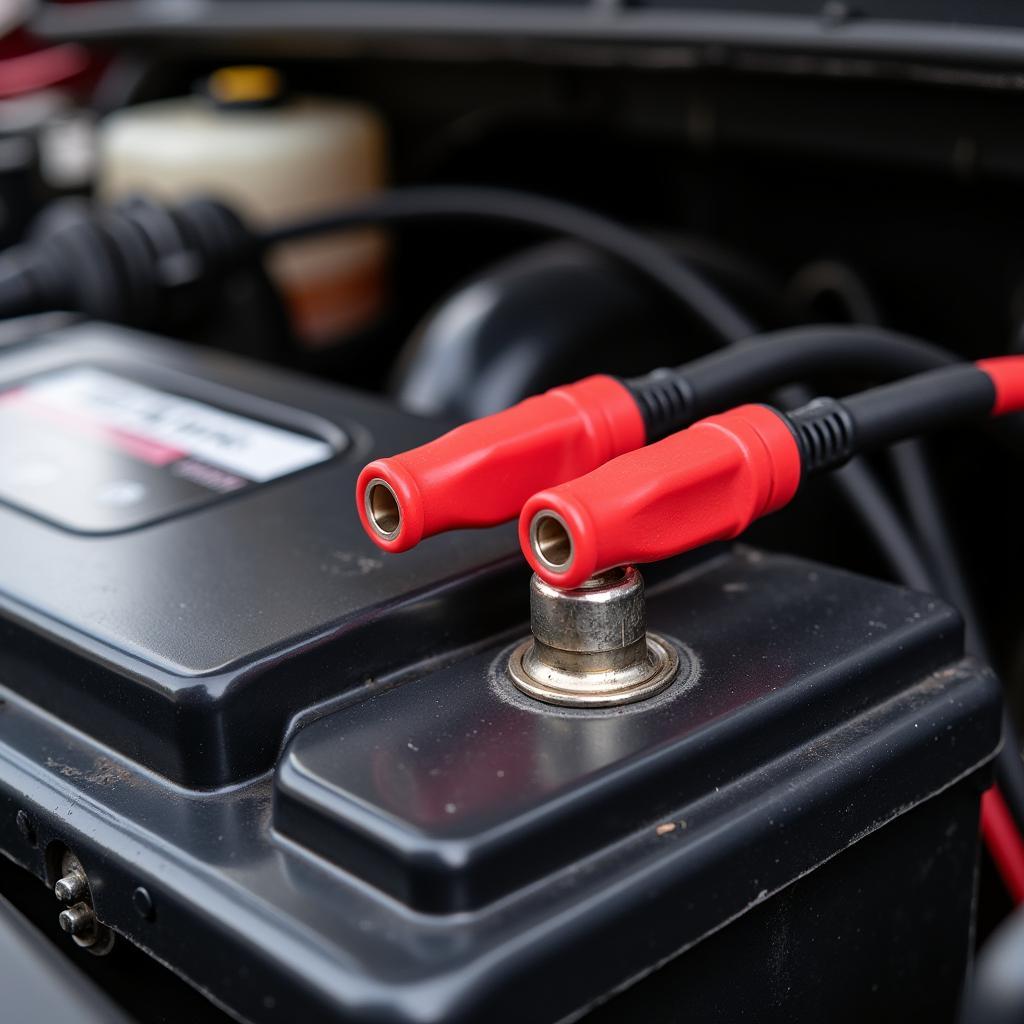 Car Battery Terminal Connections Close-Up