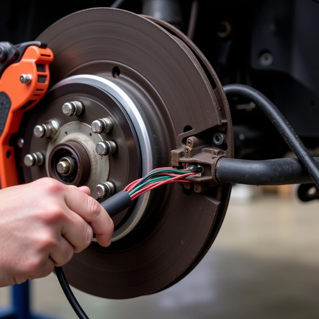 Mechanic Checking Brake Wiring Harness for Damage