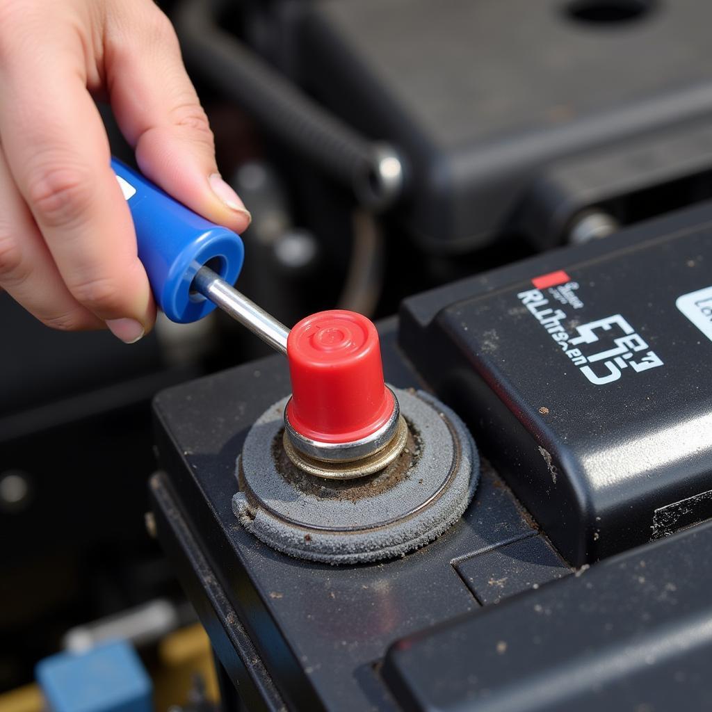 Cleaning Car Battery Terminals with Wire Brush