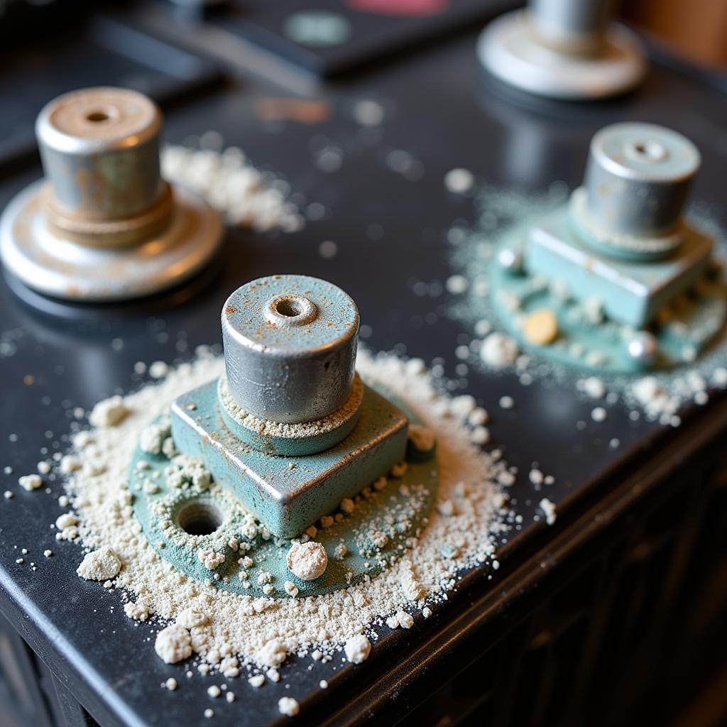 Close-up of corroded car battery terminals showing white, blue, and green powdery buildup