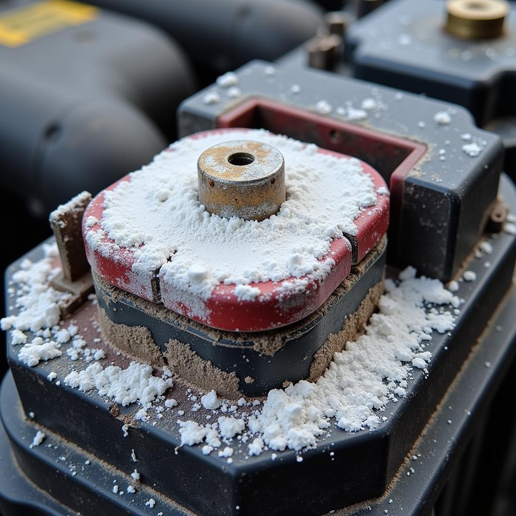 Close-up of corroded car battery terminals