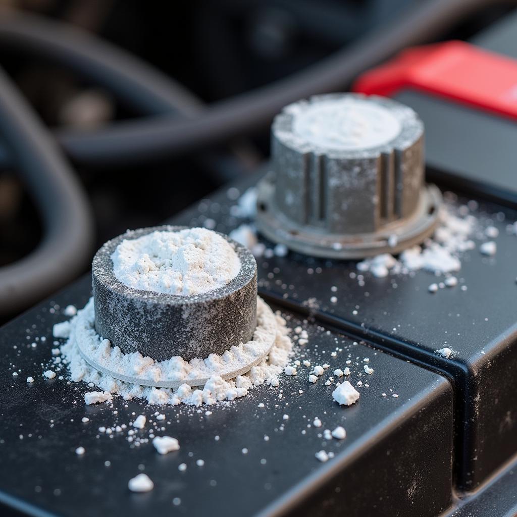 Close-up view of corroded car battery terminals