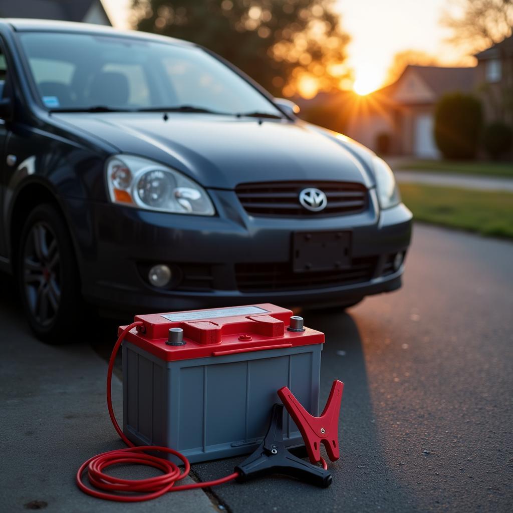 Dead car battery in the morning - A close-up image of a dead car battery connected to jumper cables in the early morning light.