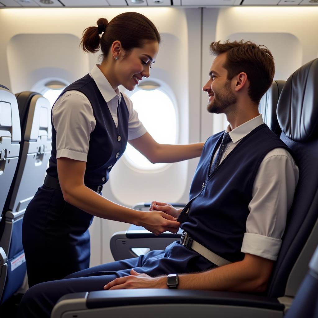 Flight Attendant Assisting Passenger with Seat Belt