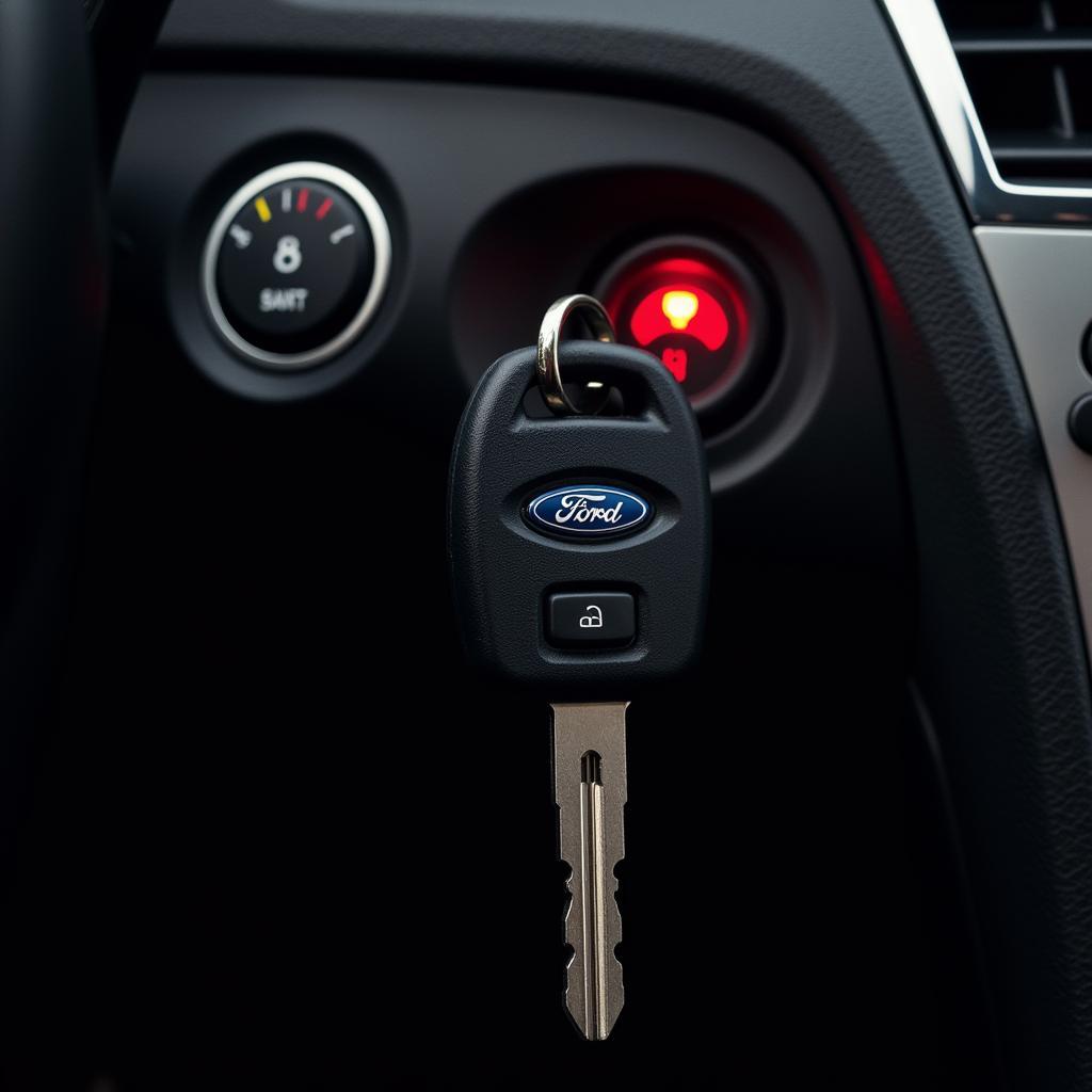 Ford car key inserted into the ignition with the anti-theft light illuminated.