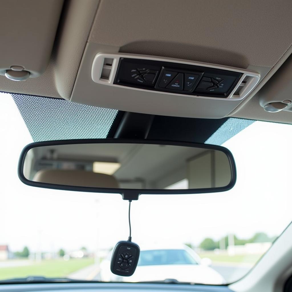 In-car speakerphone clipped to a sun visor