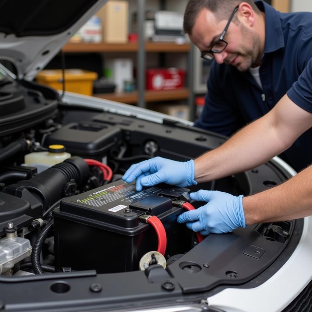 Installing a New Car Battery in a Car Engine Bay