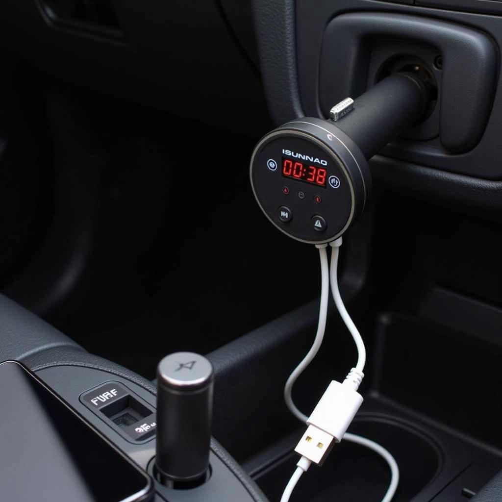 ISUNNAO T11 Bluetooth FM Transmitter plugged into a car's 12V power outlet