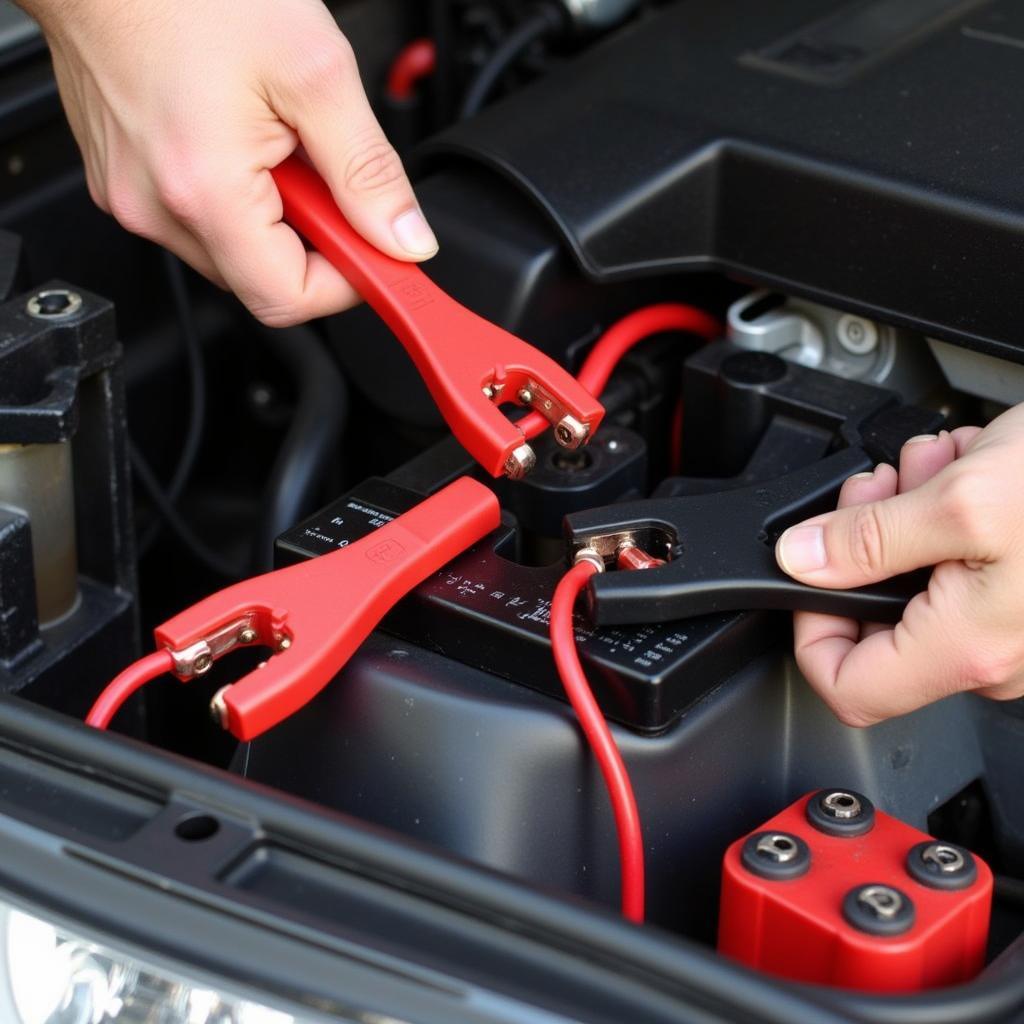 Connecting Jumpstart Cables to Car Battery