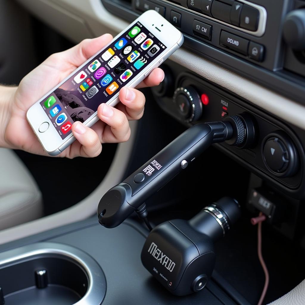 Maxell FM Transmitter Connected to Smartphone in a Car