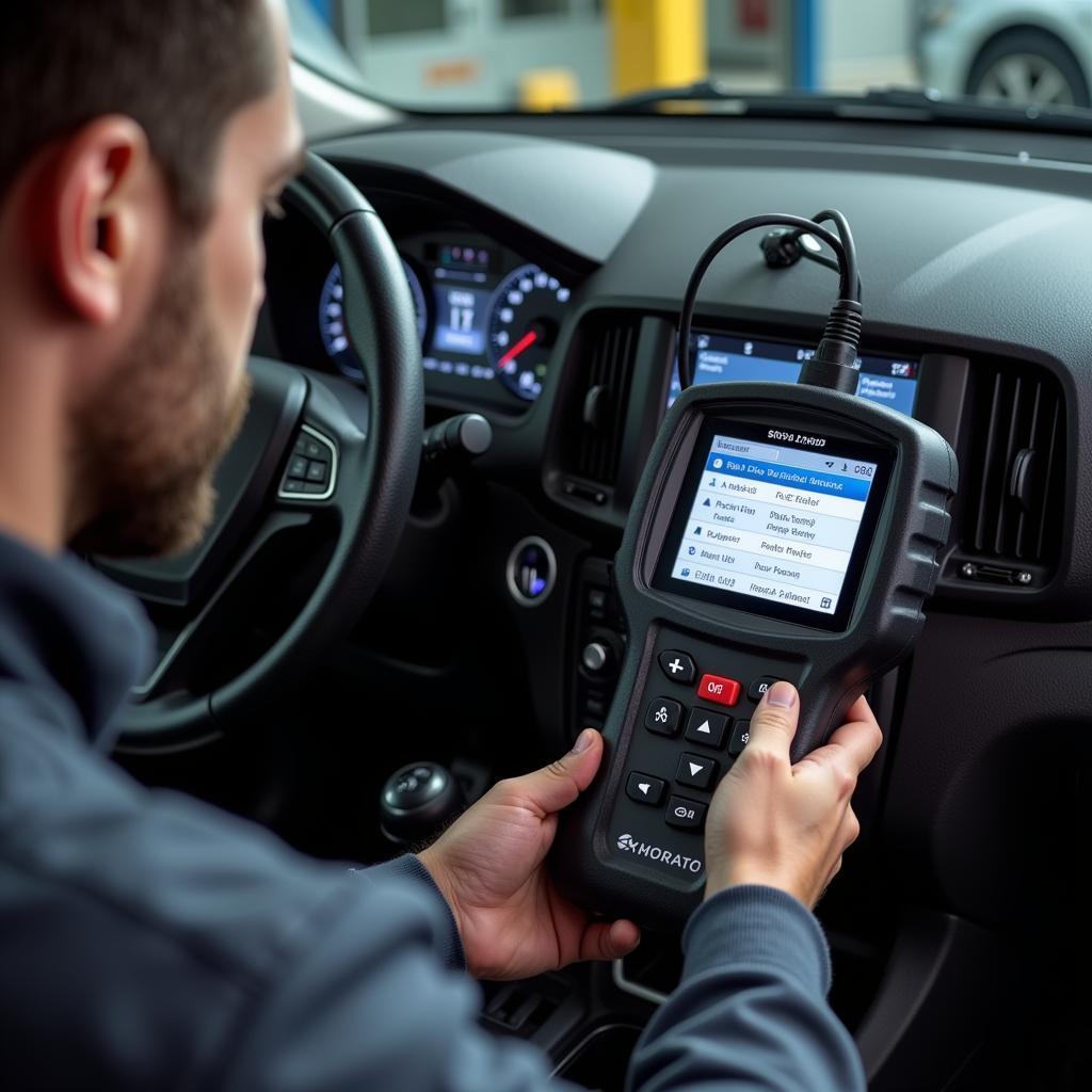 Mechanic Diagnosing a Car's Anti-theft System