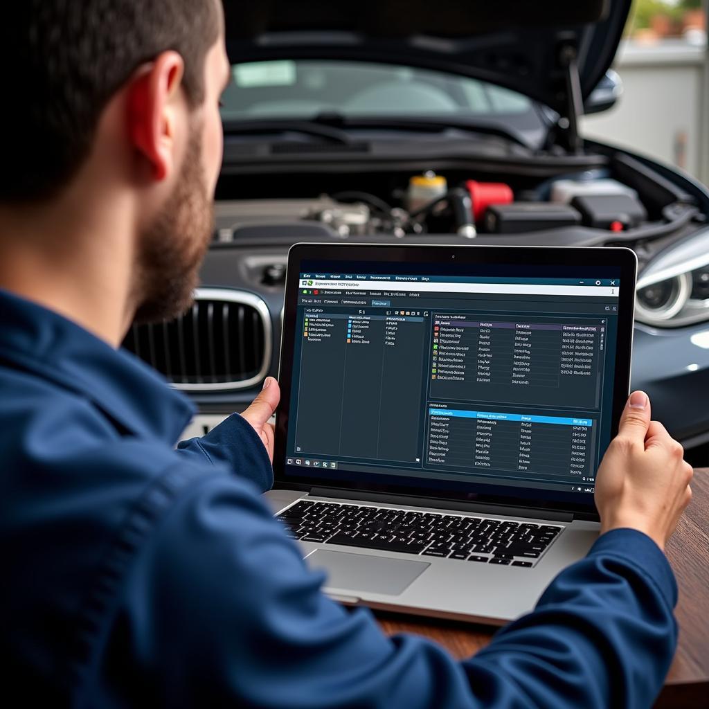 Mechanic using a laptop for remote car diagnostics