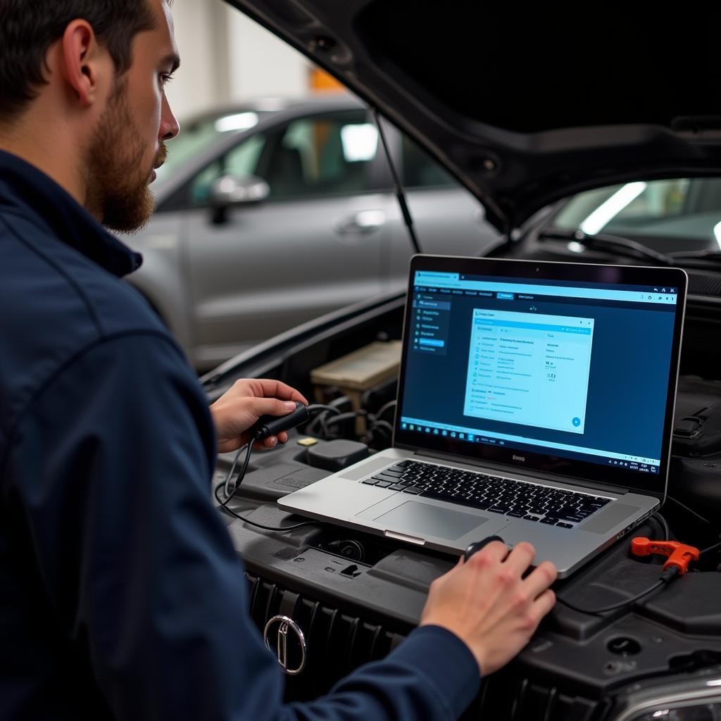 Mechanic Performing Remote Car Diagnostics