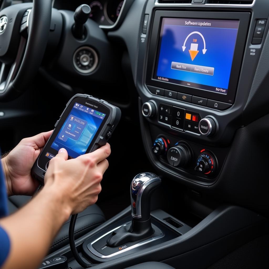 Mechanic using a diagnostic tool to perform a remote software update on a car.