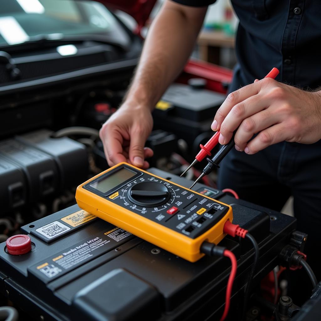 Mechanic Testing Car Battery