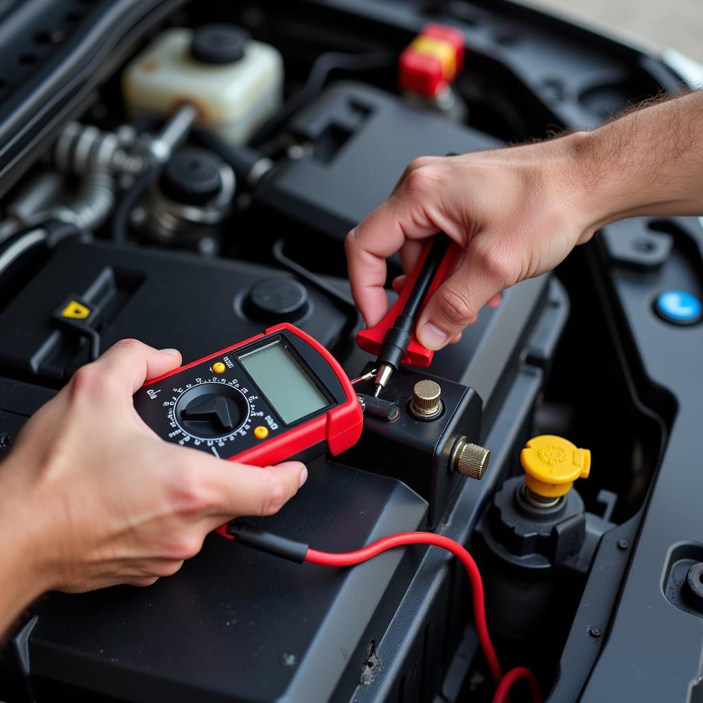 Mechanic Testing Car Battery with Multimeter