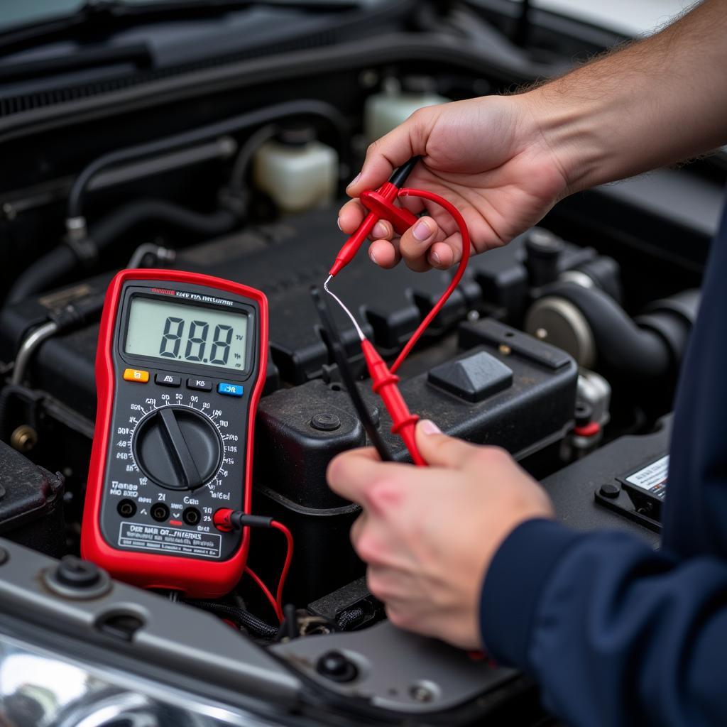 Mechanic Testing Car Battery with Multimeter